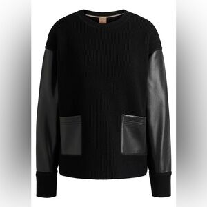 BOSS Women’s WOOL SWEATER WITH FAUX-LEATHER SLEEVES Size Medium Balck Very New